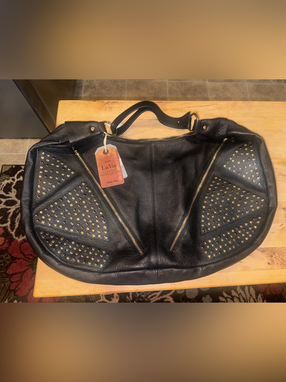 La Via Firenze Pebbled Leather Extra Large Studded Handbag in Black NWT